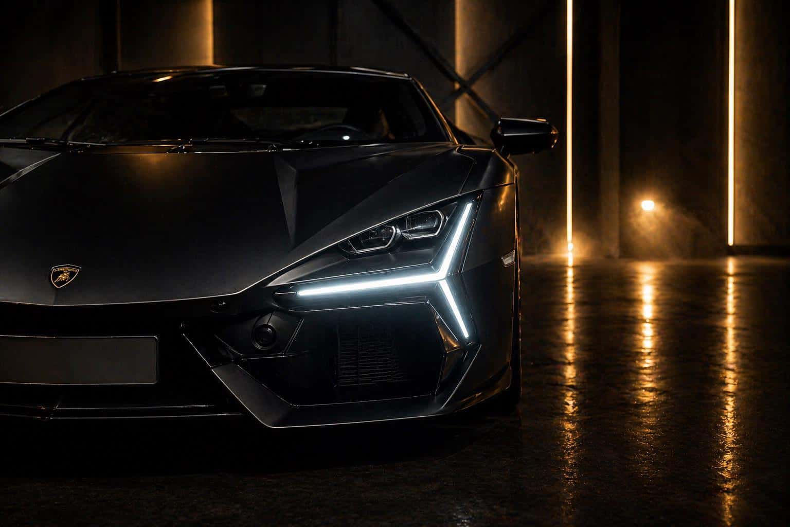 Matte-black Lamborghini Revuelto in a dim garage with vertical gold light strips
