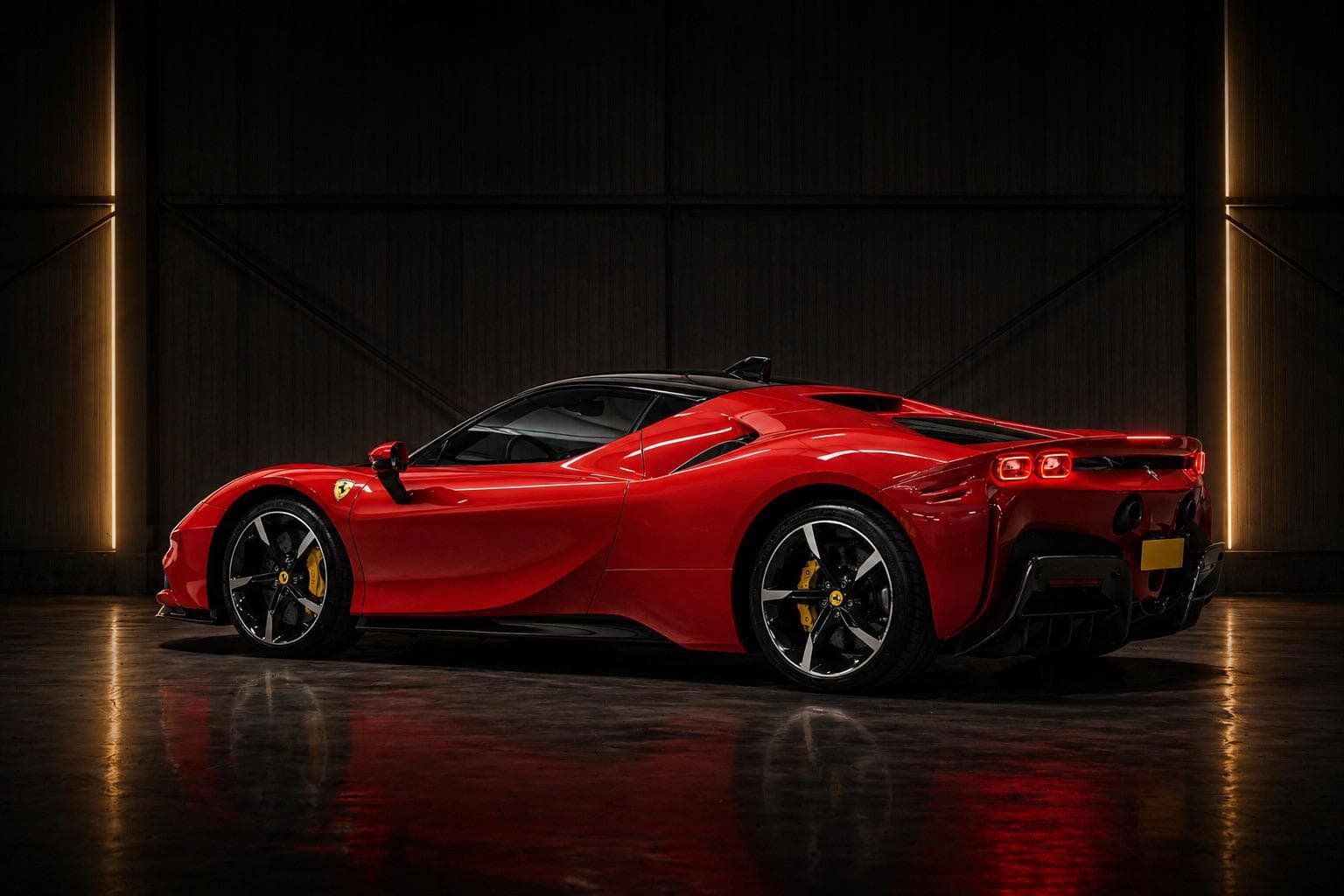 Red Ferrari SF90 Stradale in a dim garage with vertical gold light strips